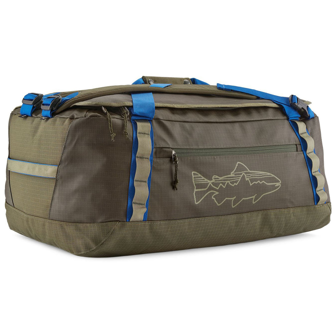 Patagonia Black Hole Duffel 55L Basin Green with Fitz Trout