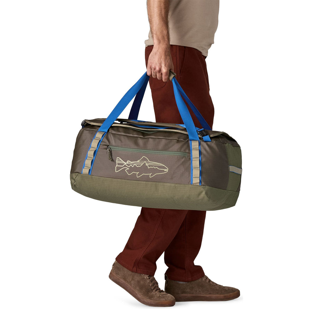 Patagonia Black Hole Duffel 55L Basin Green with Fitz Trout