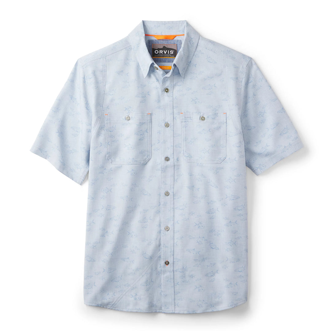 Orvis Mens Printed Tech Chambray Short-Sleeve Shirt